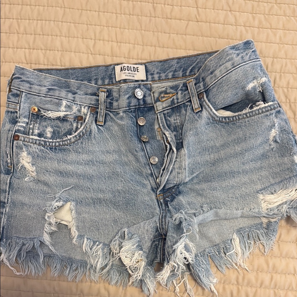 AGOLDE Light Blue Distressed Denim Shorts 29